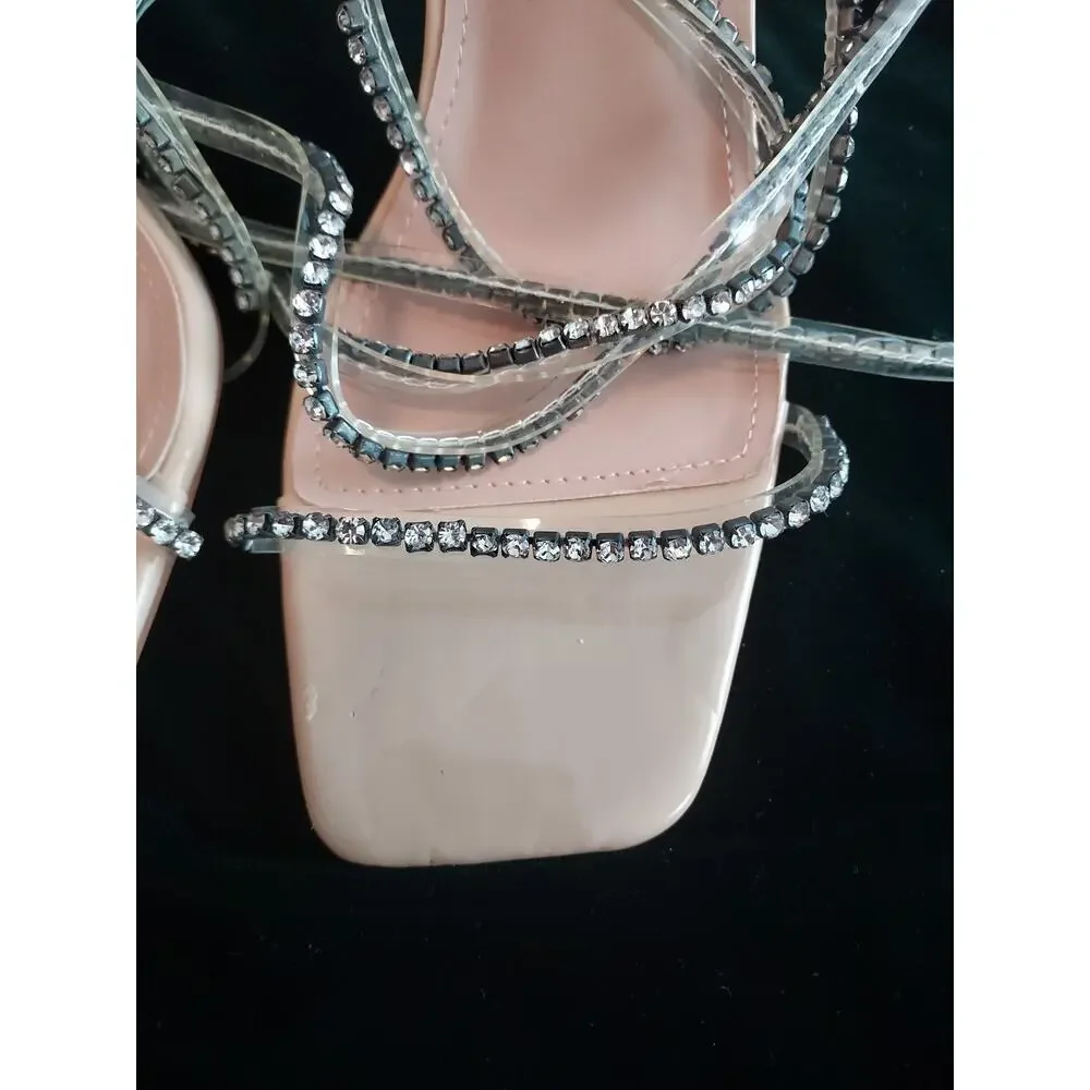 Fashion Nova Rhinestone Women's Size 11 Sandals Good Shape Wrap Around Ankle